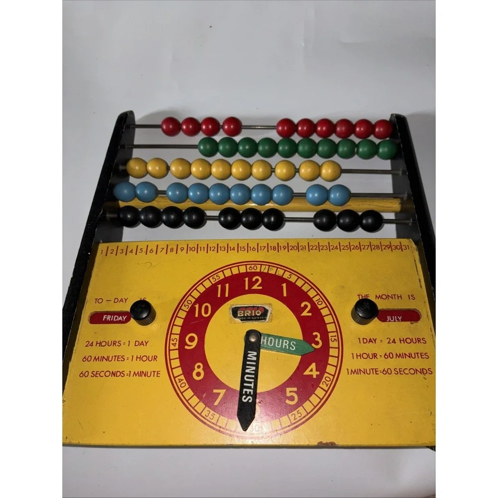 Vintage BRIO Wooden Abacus Calender Clock Time Toy Made In Sweden 1960s